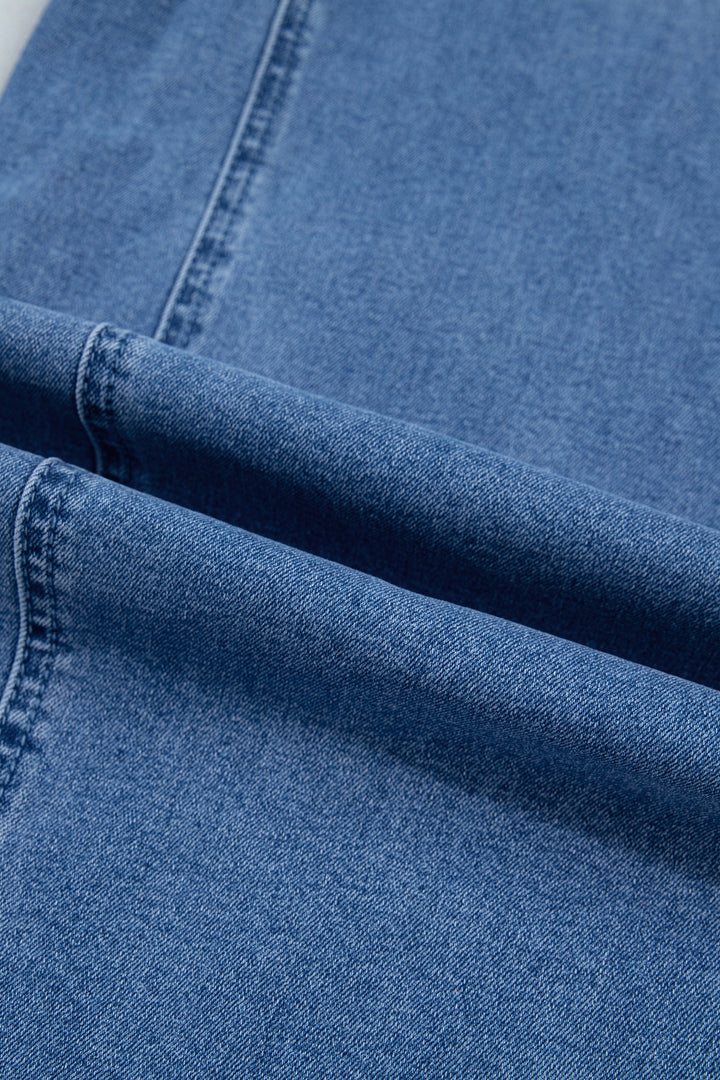 Beau Blue Solid Patchwork Grommet Tie Waist Loose Ankle-Length Jeans