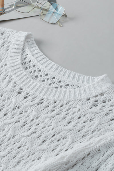 White Hollow-out Textured Half Sleeve Sweater