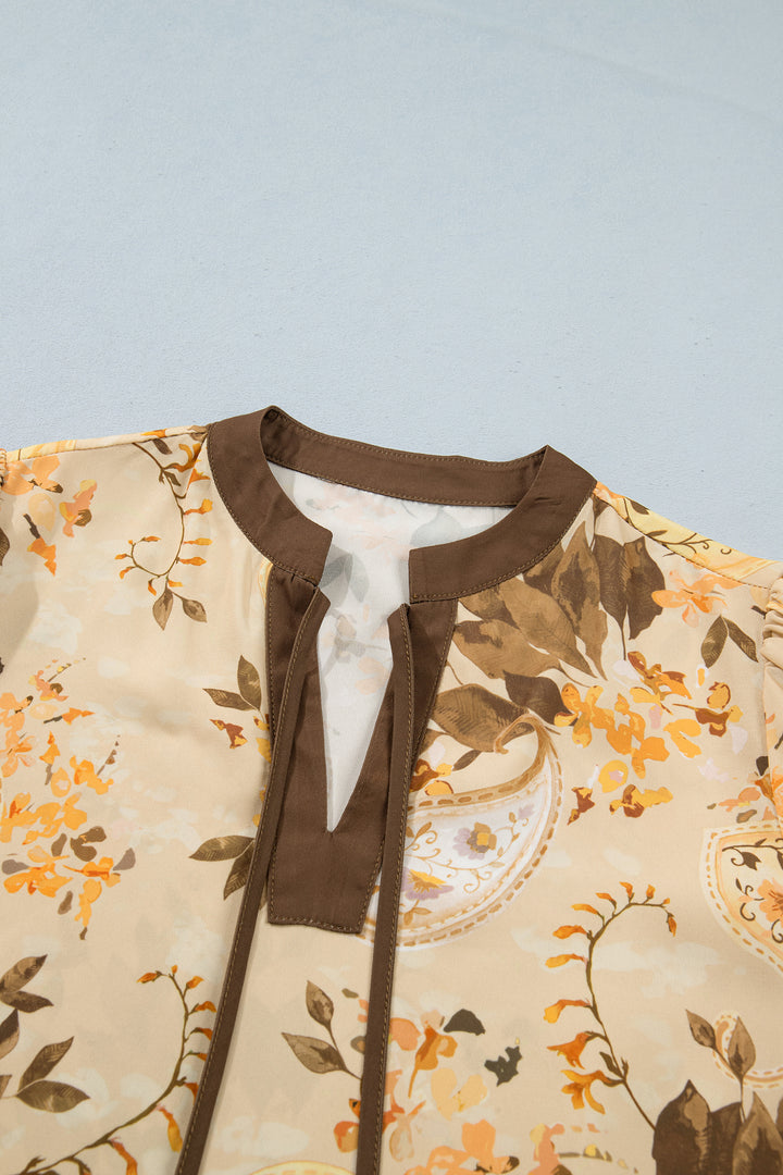 Khaki Paisley Print Tie Neck Long Sleeve Blouse