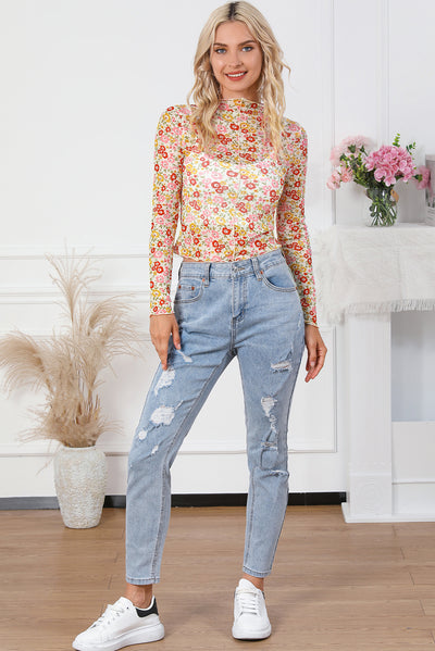 Multicolor Floral Lettuce Hem Long Sleeve Top