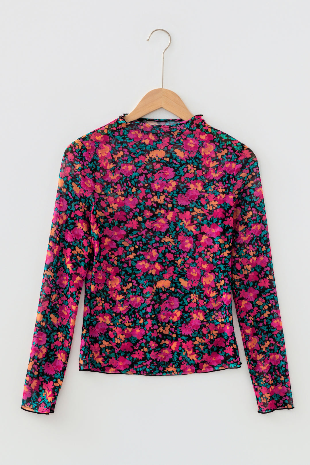 Pink Slim Fit Floral Mesh Long Sleeve Mock Neck Top