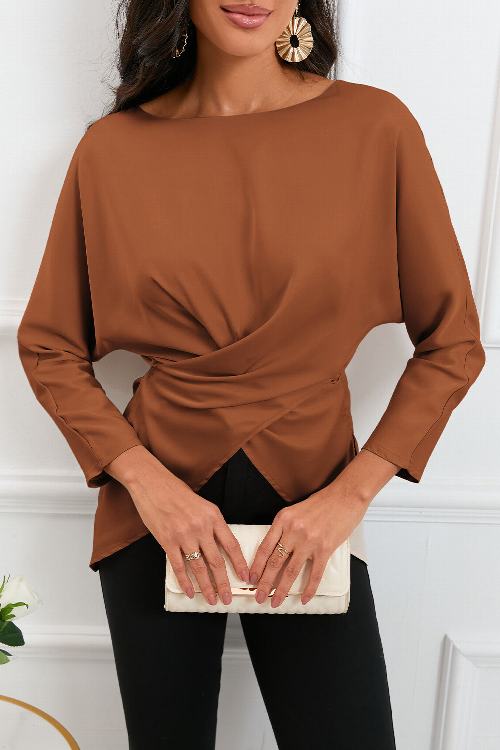 Brown Lace-up Wrapped Split Hem Solid Long Sleeve Top