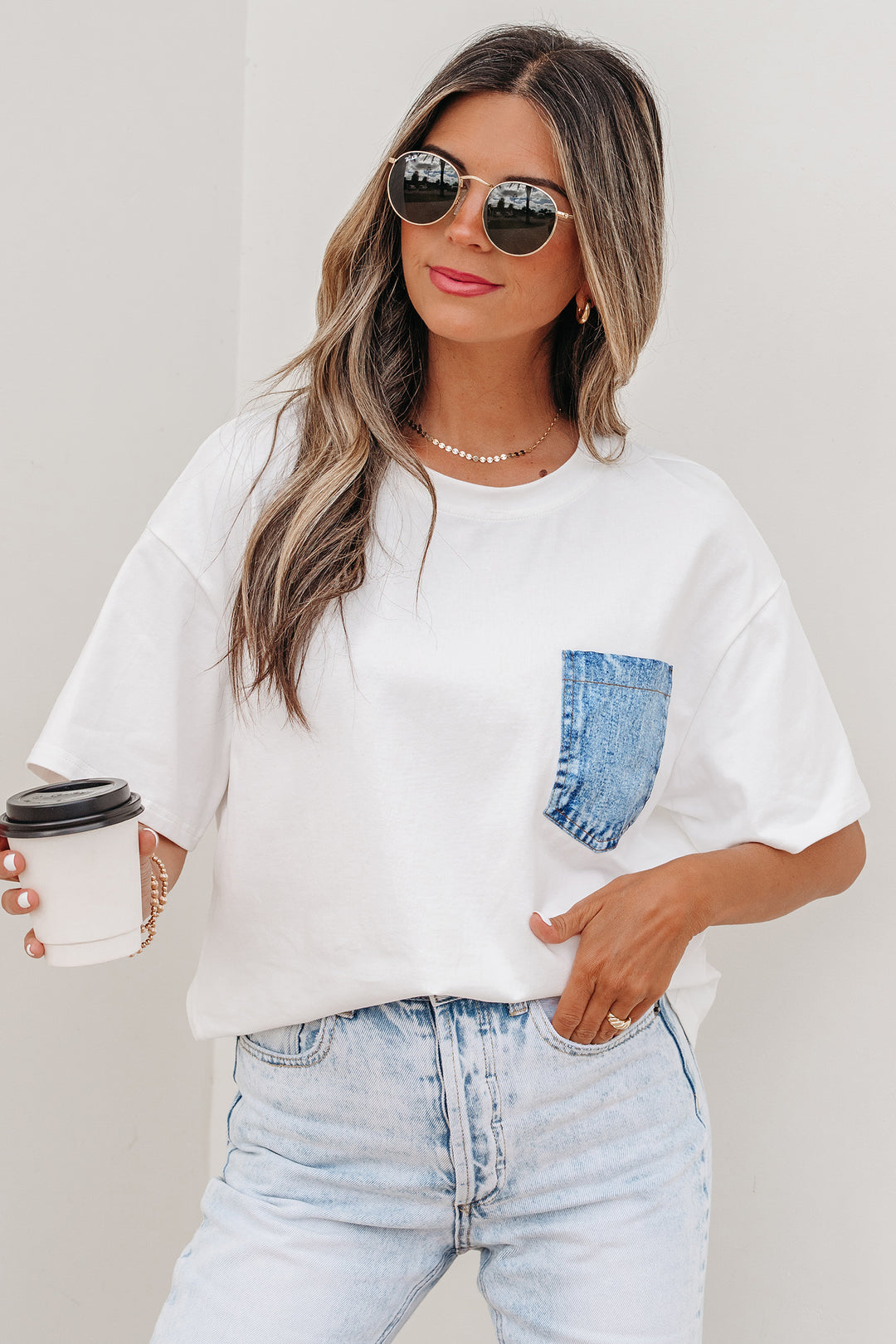 Sail Blue Color Block Chest Pocket Patched Casual Short Sleeve Top