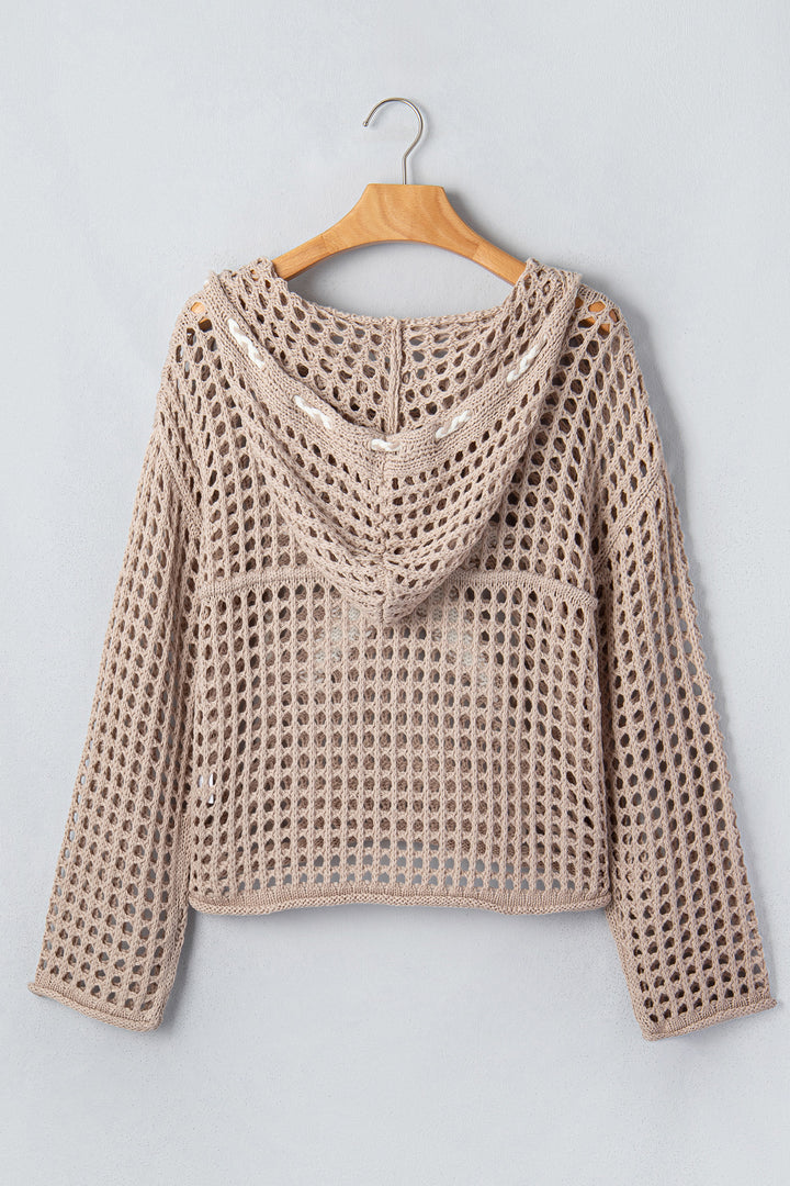 Sage Green Star Pattern Crochet Hooded Drawstring Sweater