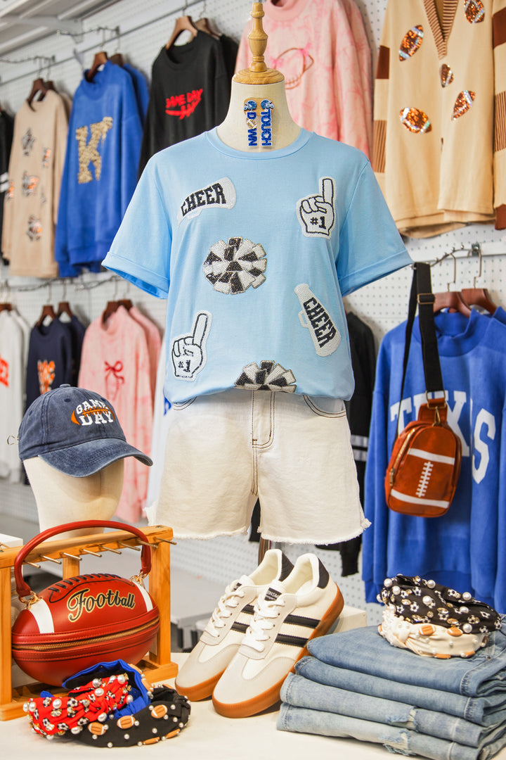 Light Blue Cheer Game Day Element Sequin Patched T Shirt