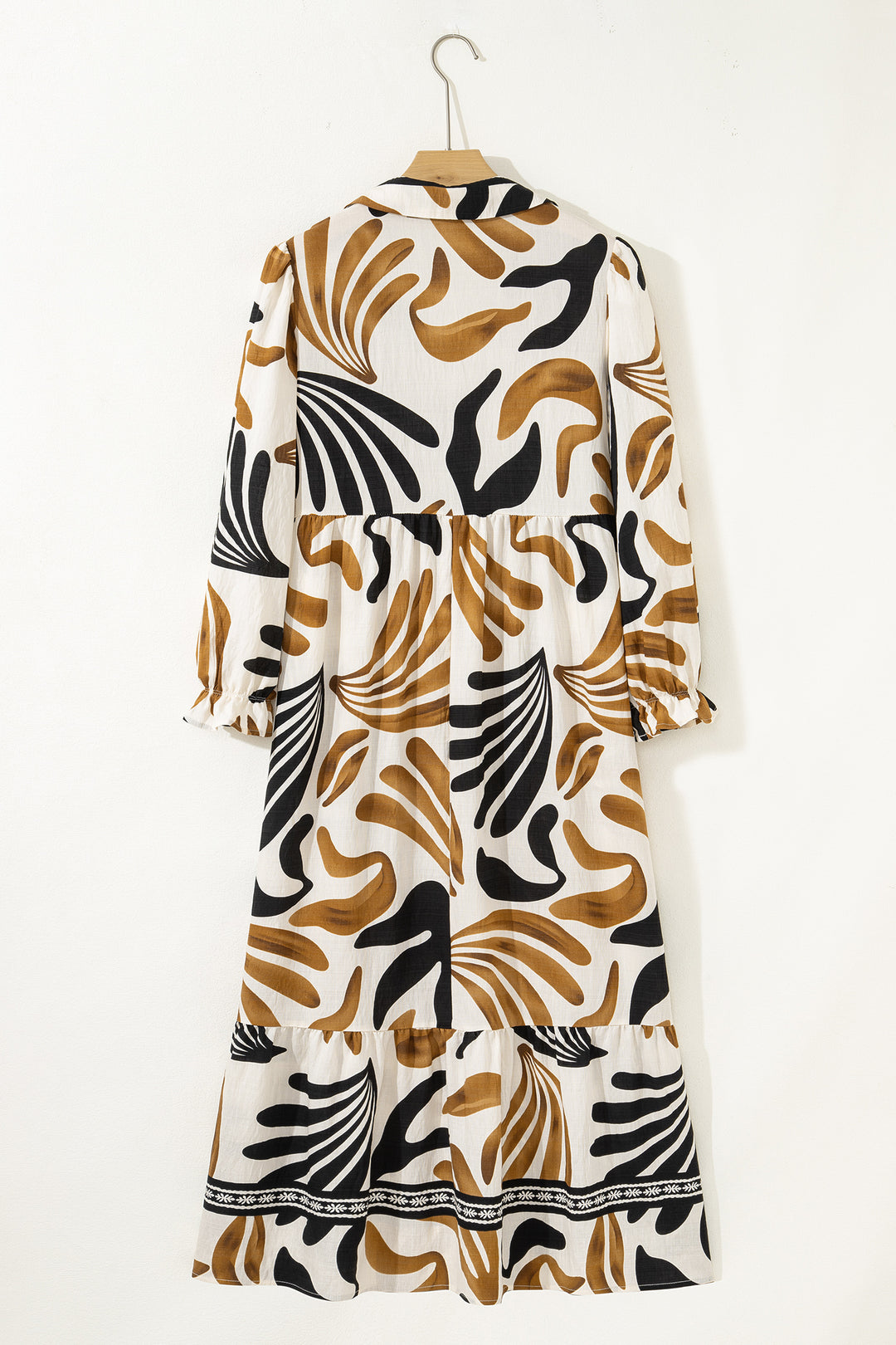 Brown Tropical Printed Contrast Trim Neck Long Sleeve Ruffle Hem Dress