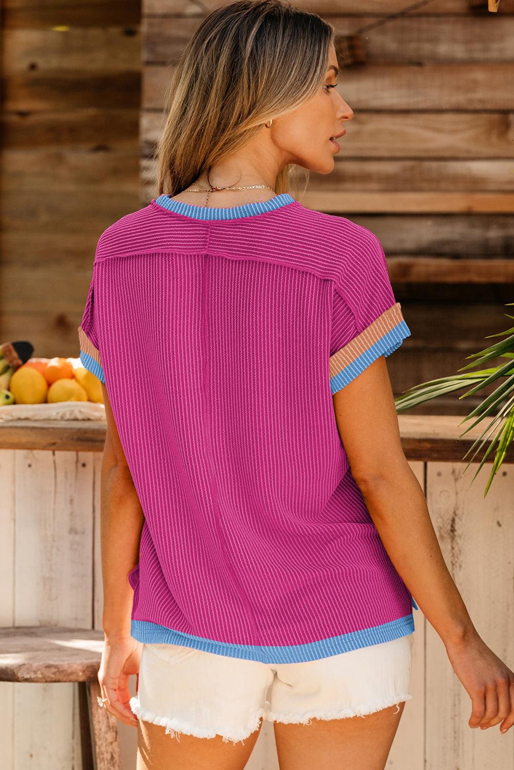 Bright Pink Textured Contrast Trim Round Neck T Shirt