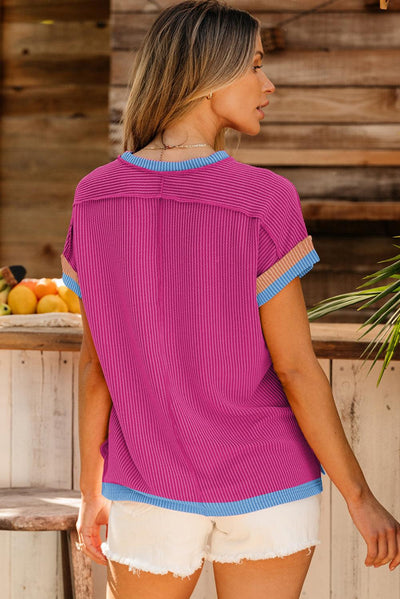 Bright Pink Textured Contrast Trim Round Neck T Shirt