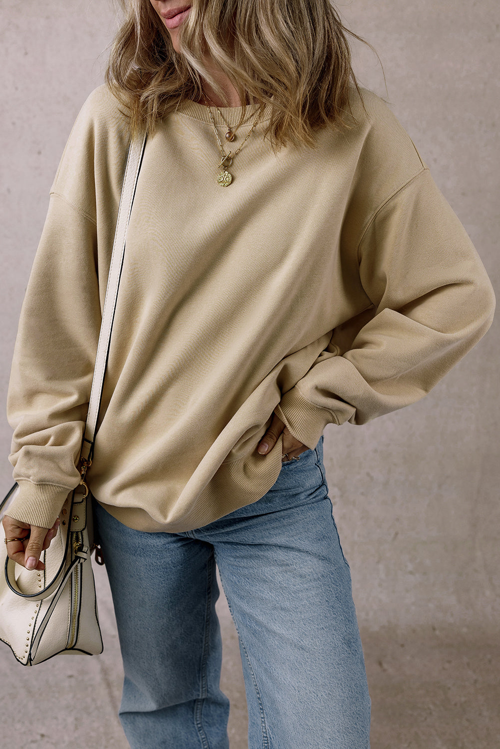 Parchment Solid Loose Crew Neck Fleece Sweatshirt