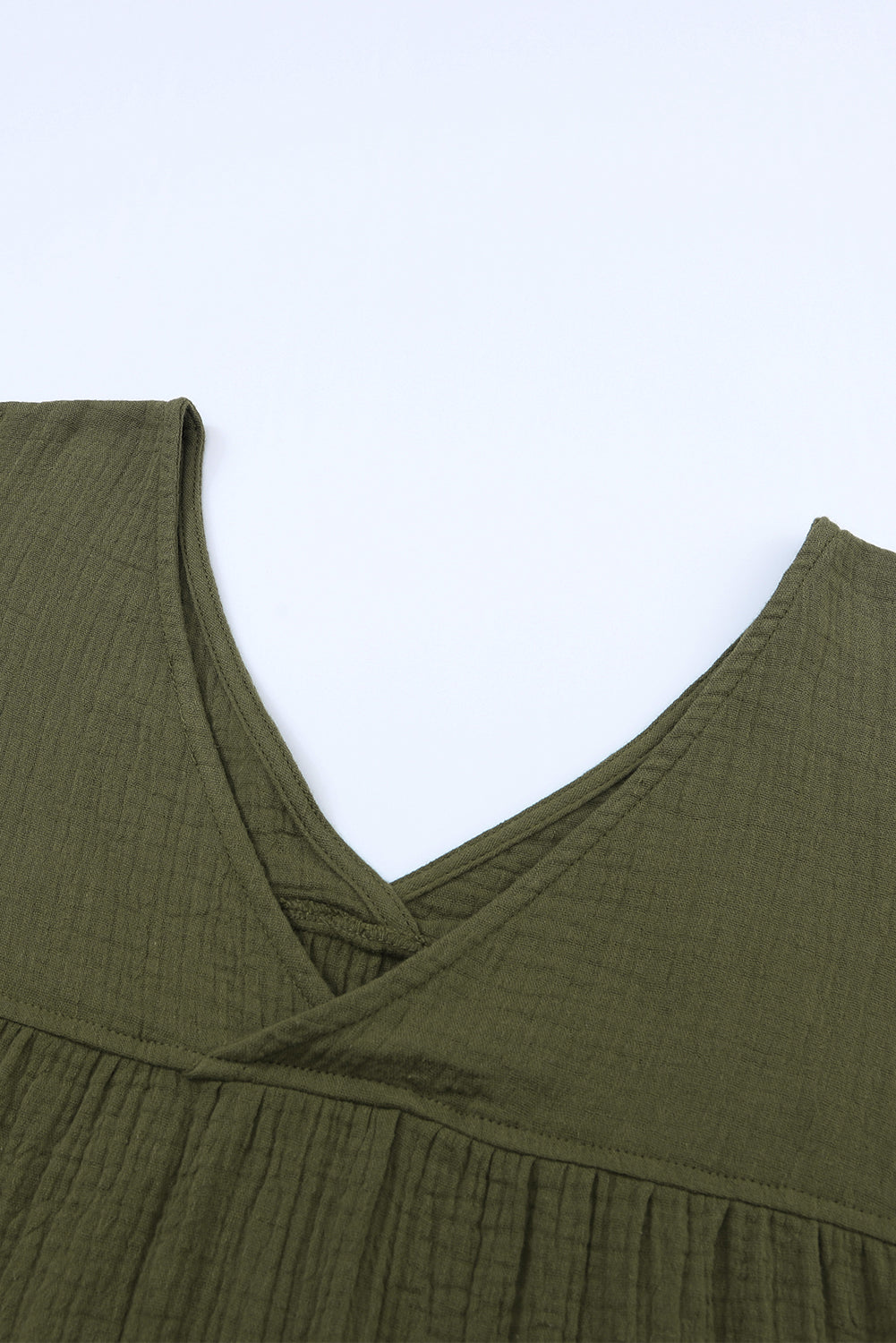 Green Textured V Neck Bracelet Sleeve Babydoll Blouse