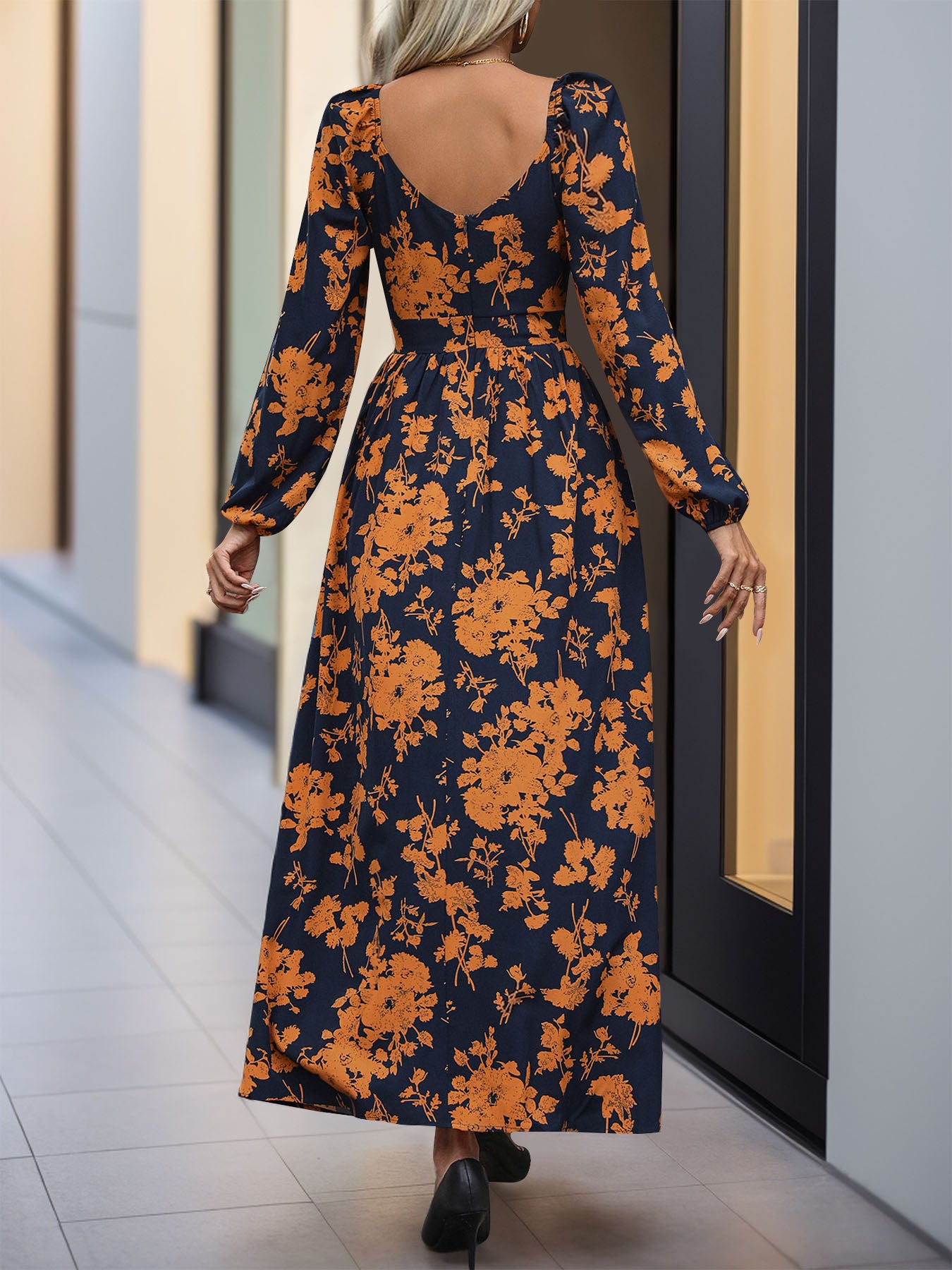 Split Printed Surplice Long Sleeve Midi Dress