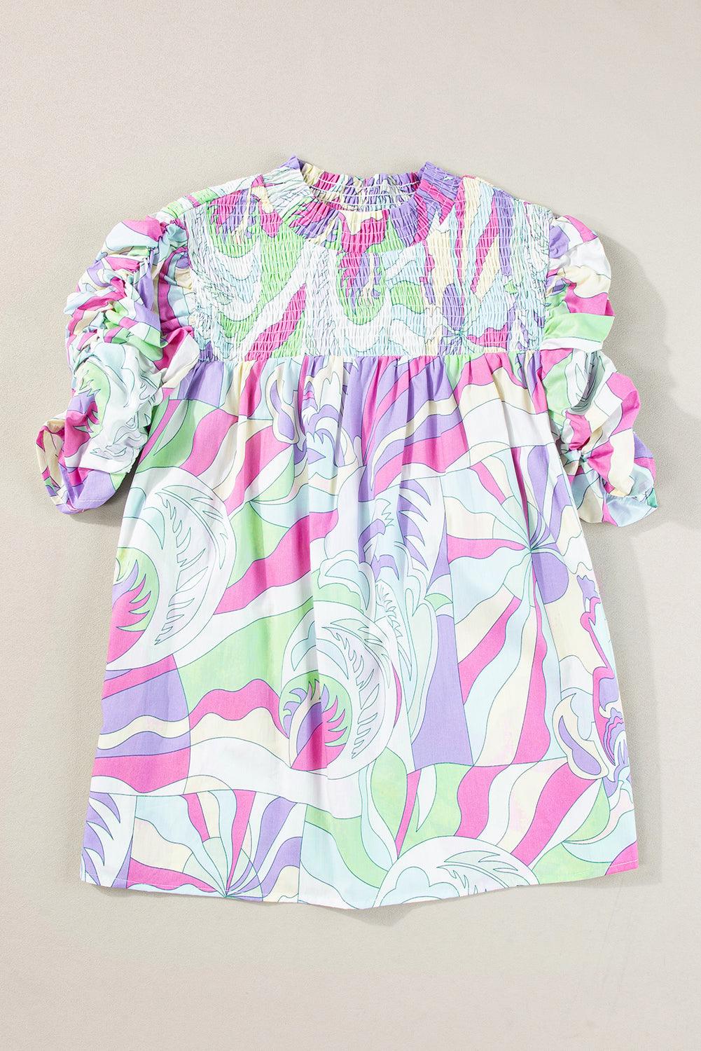 Green Abstract Print Bubble Sleeve Smock Detail Blouse