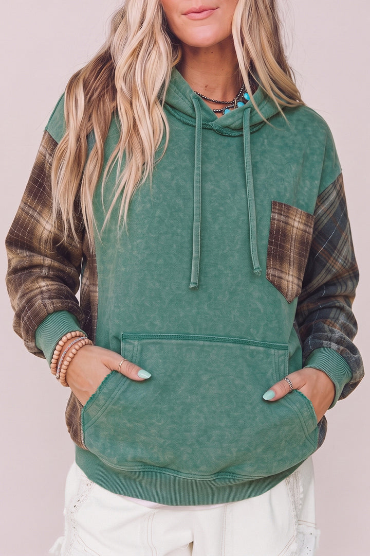 Smoke Green Plaid Colorblock Hoodie