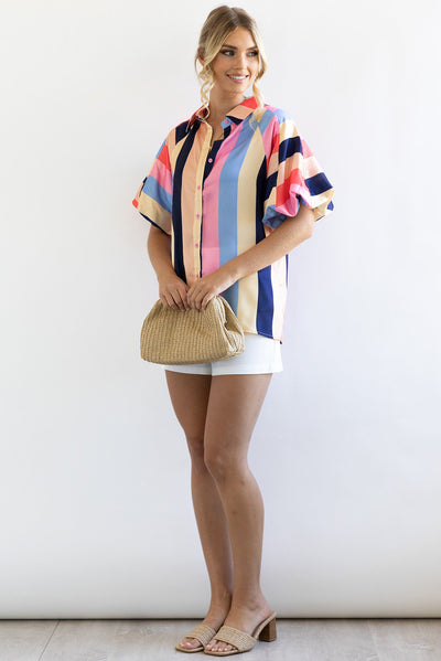 Multicolor Color Block Striped Puff Sleeve Buttoned Shirt