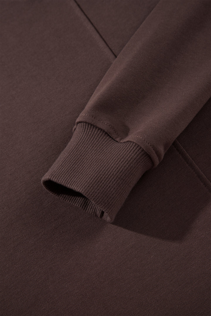 Coffee Solid Color Piping Trim Mock Neck Pullover Drawstring Pants Set