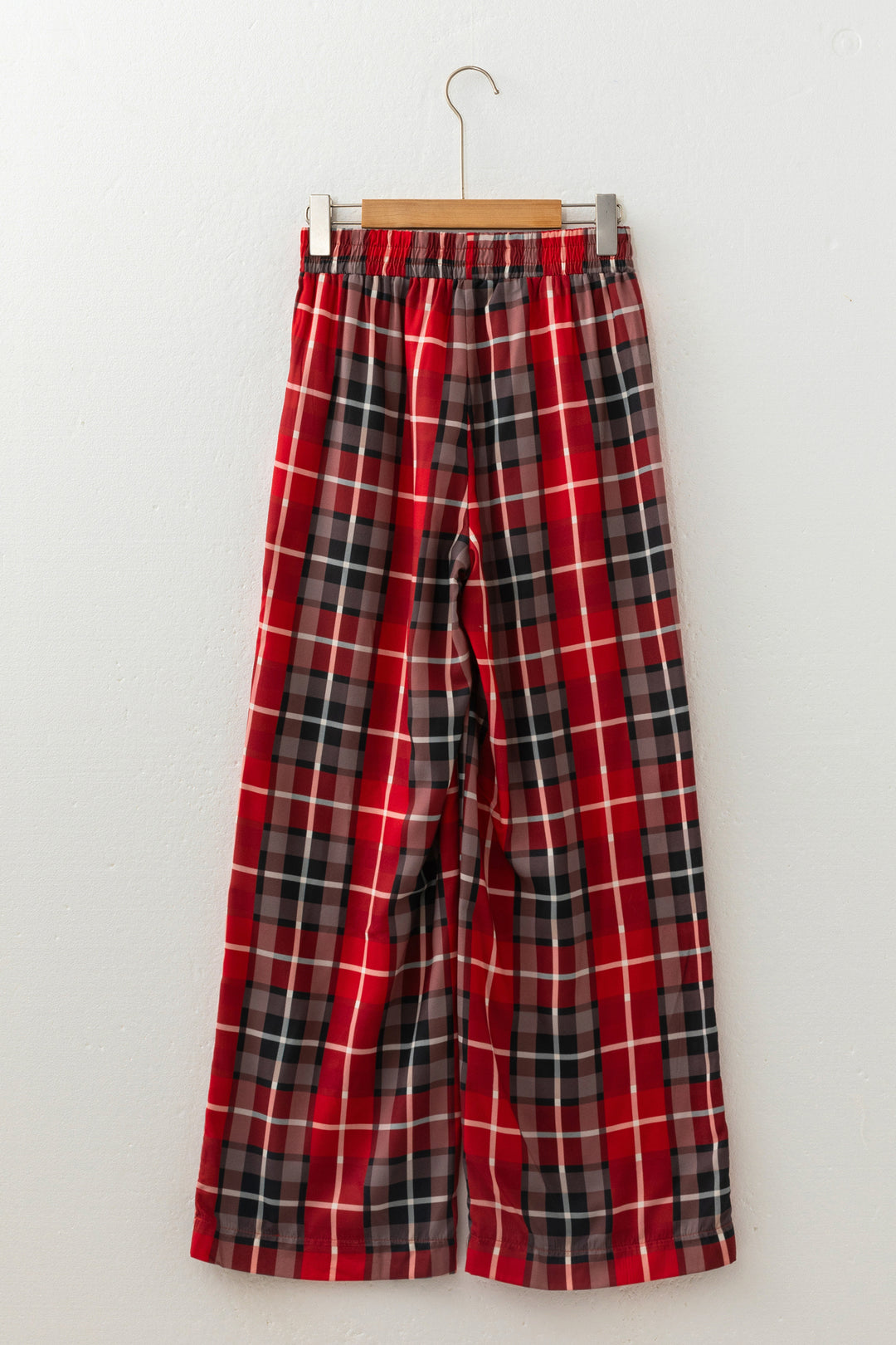 Red Plaid Elastic Waist Pocket Regular Full-Length Pants