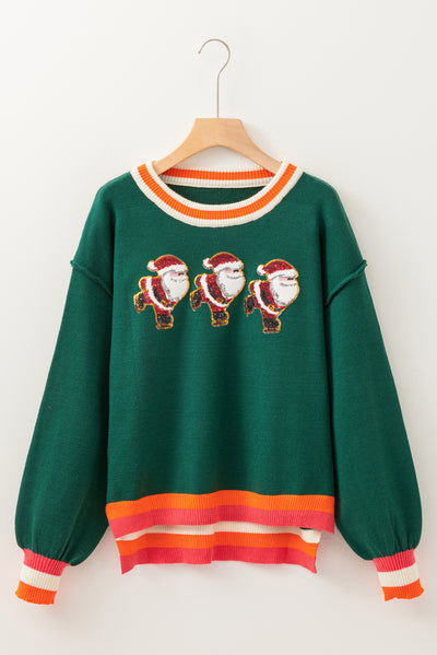 Blackish Green Shimmer Santa Clause Graphic Striped Trim Crew Neck Sweater