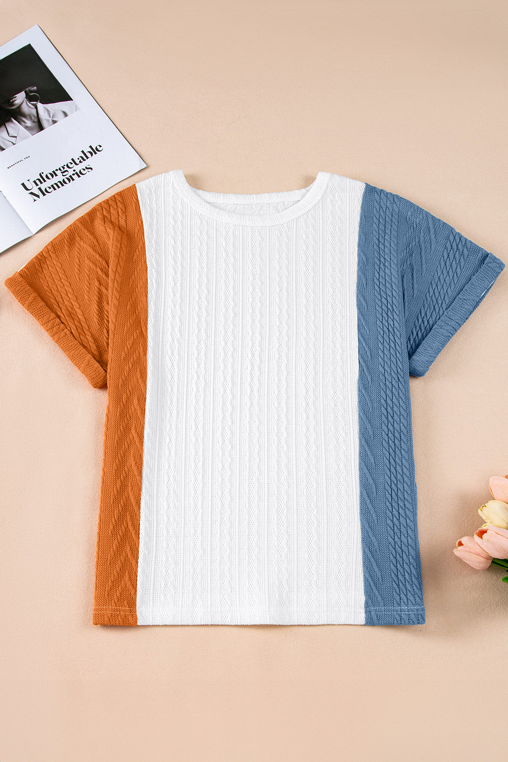 Light Blue Textured Color Block Loose Fit T Shirt