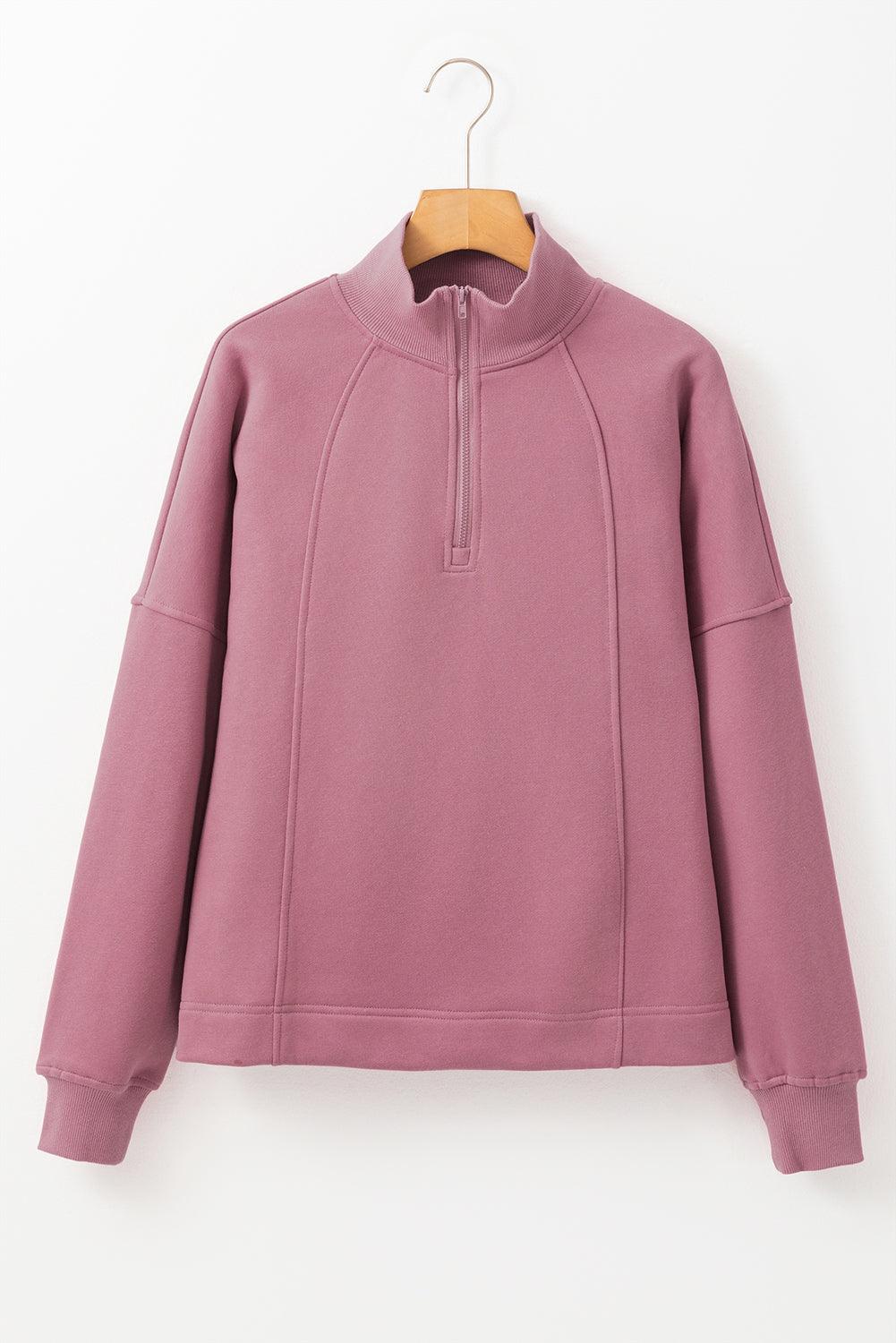 Fushia Zipped Neck Pullover Drop Shoulder Sweatshirt