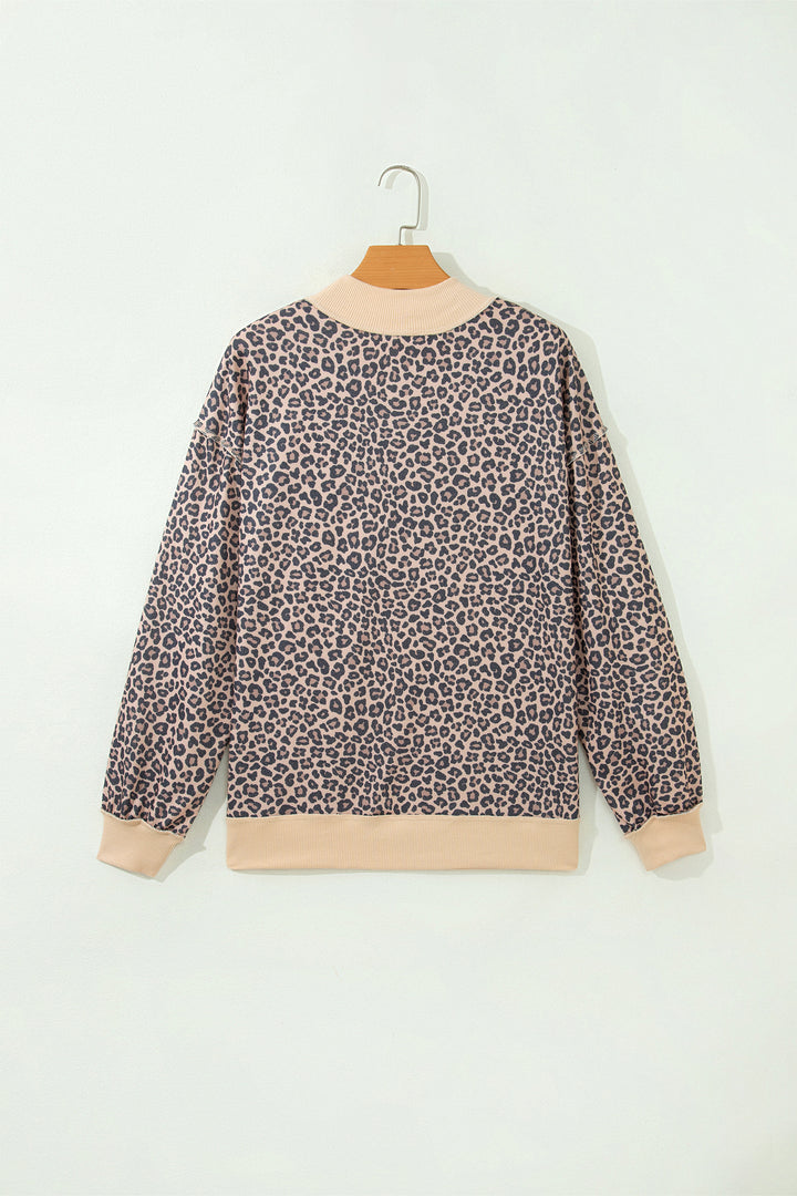 Multicolour Plus Size Leopard Print Ribbed Color Block Mock Neck Tunic Sweatshirt