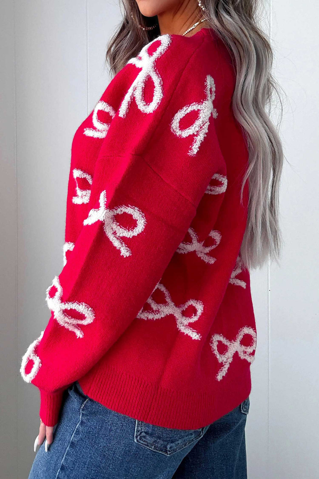 Fiery Red All Over Bow Dropped Shoulder Round Neck Shift Sweater
