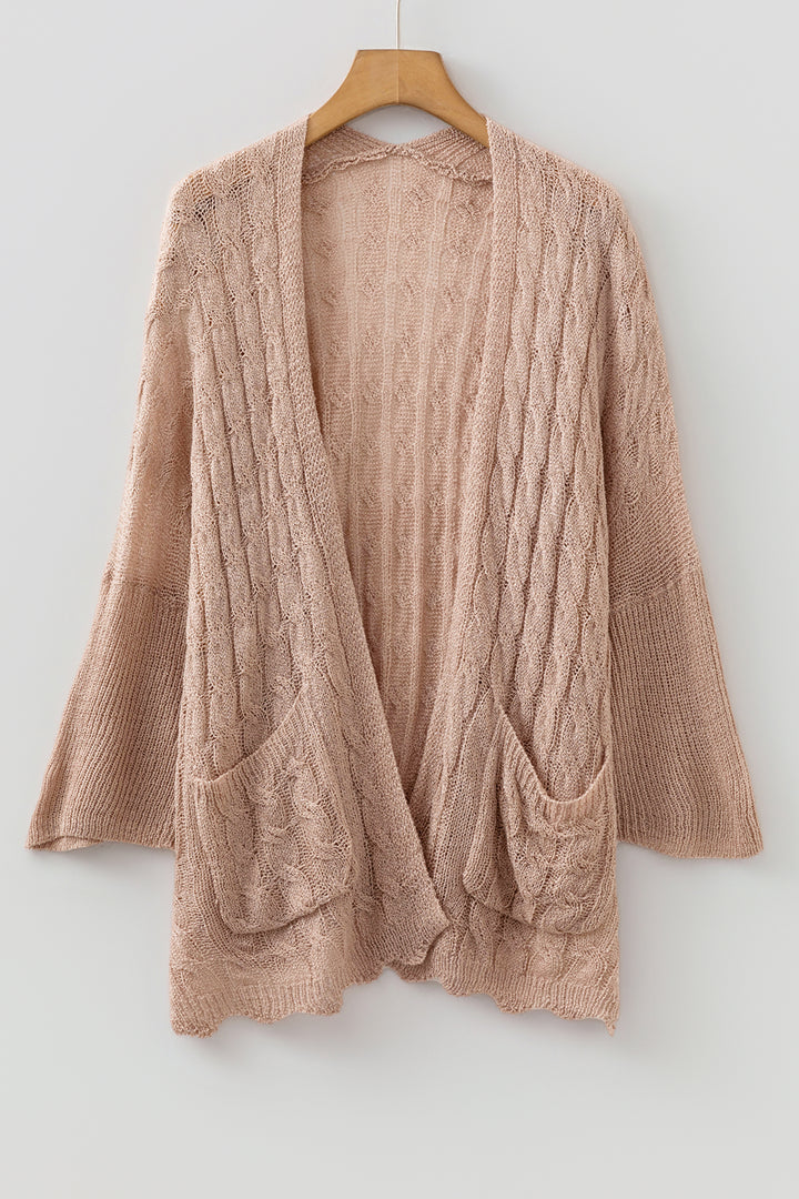 Old Rose Hollowed Pattern Knit Drop Shoulder Open Sweater Cardigan