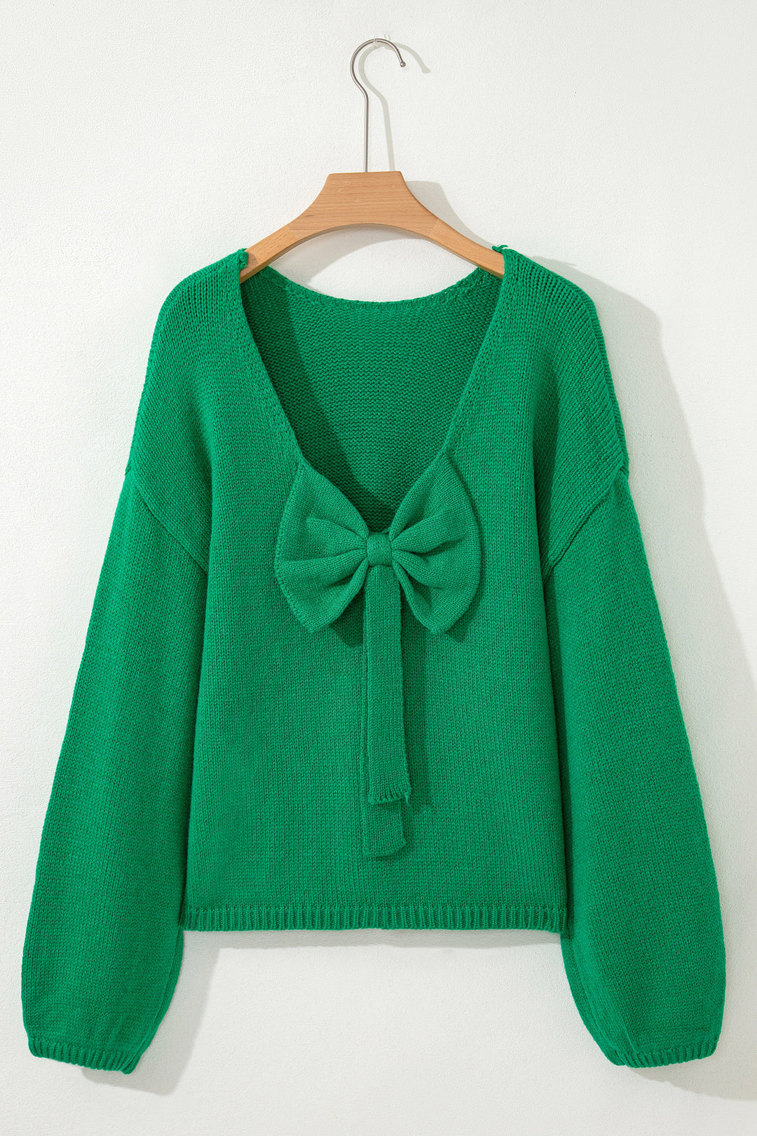 Bright Green Festive Bow Backless Bubble Sleeve Sweater