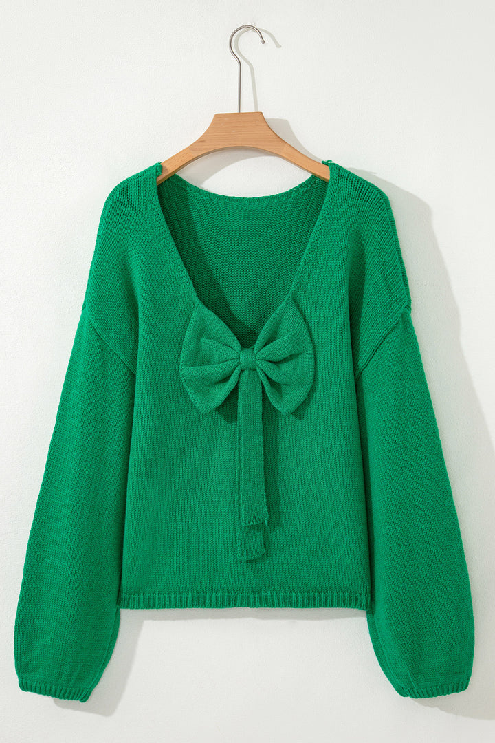 Bright Green Festive Bow Backless Bubble Sleeve Sweater