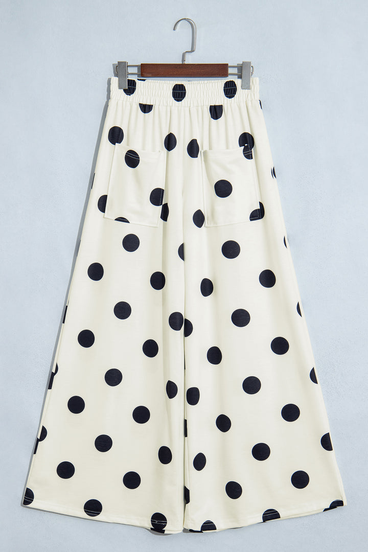 Beige Polka Dot Wide Leg Elastic Waist Casual Pants
