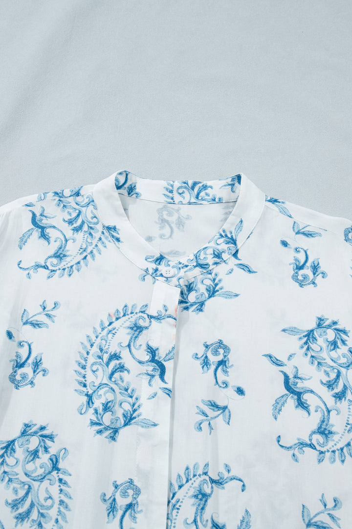 Sky Blue Plus Size Geometric Floral Print Button Split Neck Short Sleeve Maxi Dress