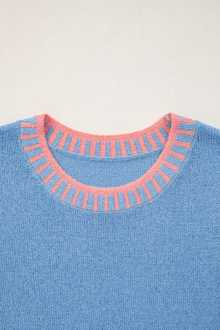 Sky Blue Contrast Trim Round Neck Sleeveless Sweater