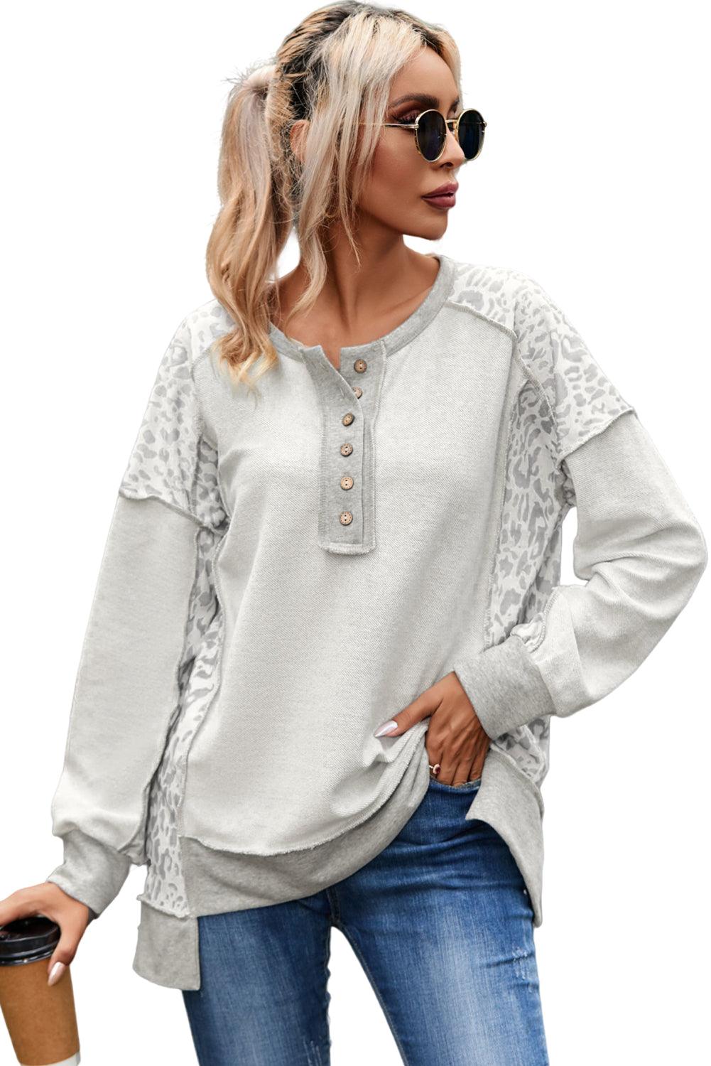 Gray Leopard Patchwork Exposed Seam Buttoned Neck Sweatshirt