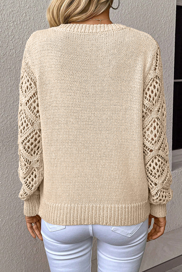 Jet Stream Solid V Neck Pointelle Knit Sleeve Patchwork Sweater