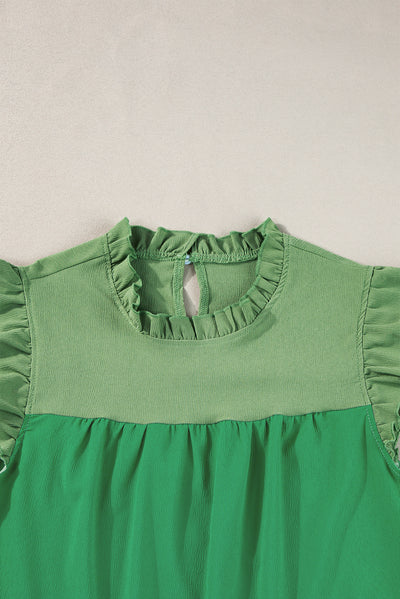 Bright Green Two Tone Ruffled Flutter Sleeve Blouse