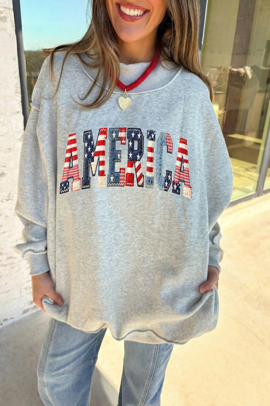 Light Grey AMERICA 1776 Faux Patchwork Print Reversible Mock Neck Sweatshirt