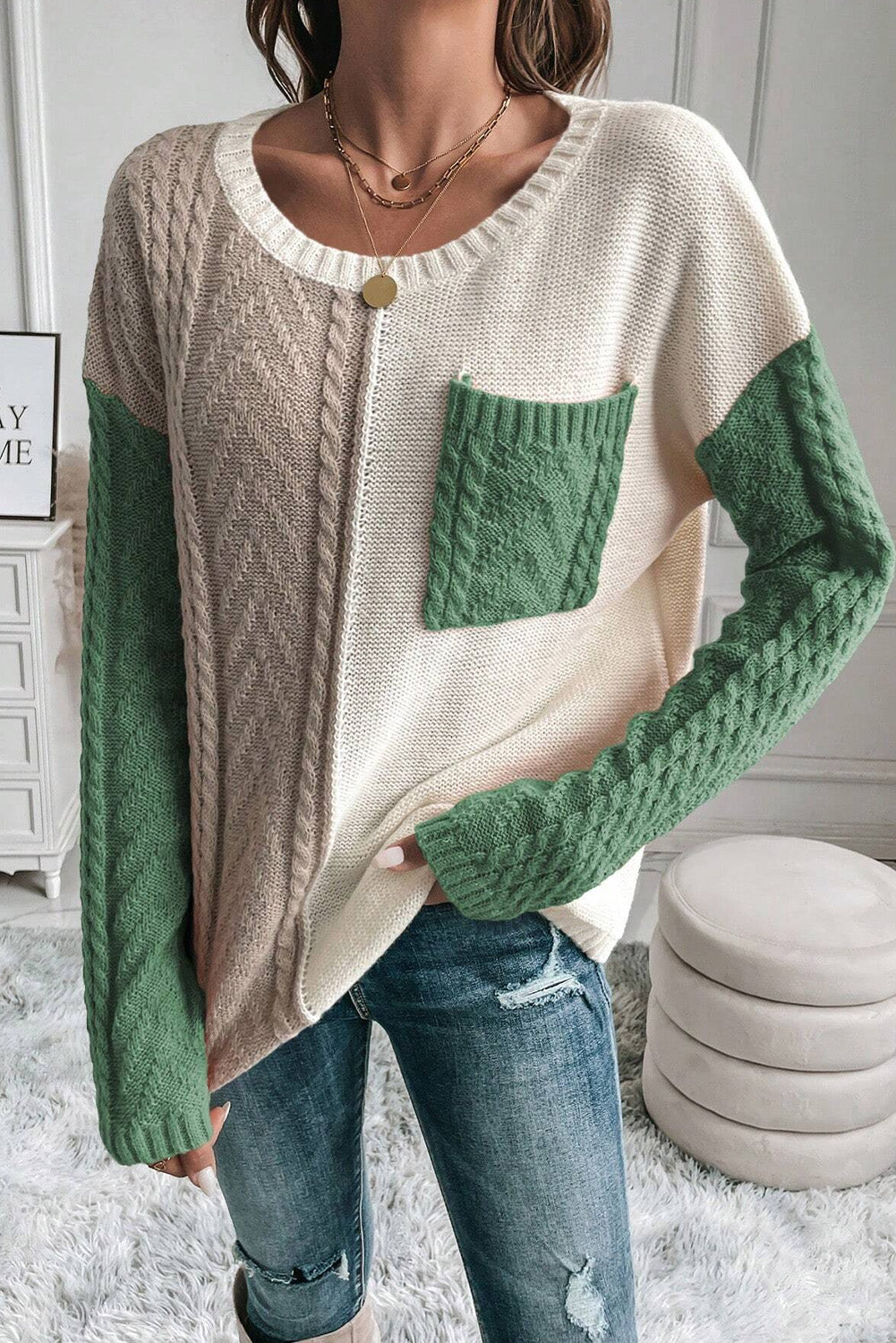 Vineyard Green Colorblock Patched Pocket Drop Shoulder Sweater