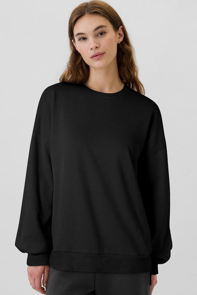 Black Solid Fleece Lined Drop Shoulder High Low Sweatshirt