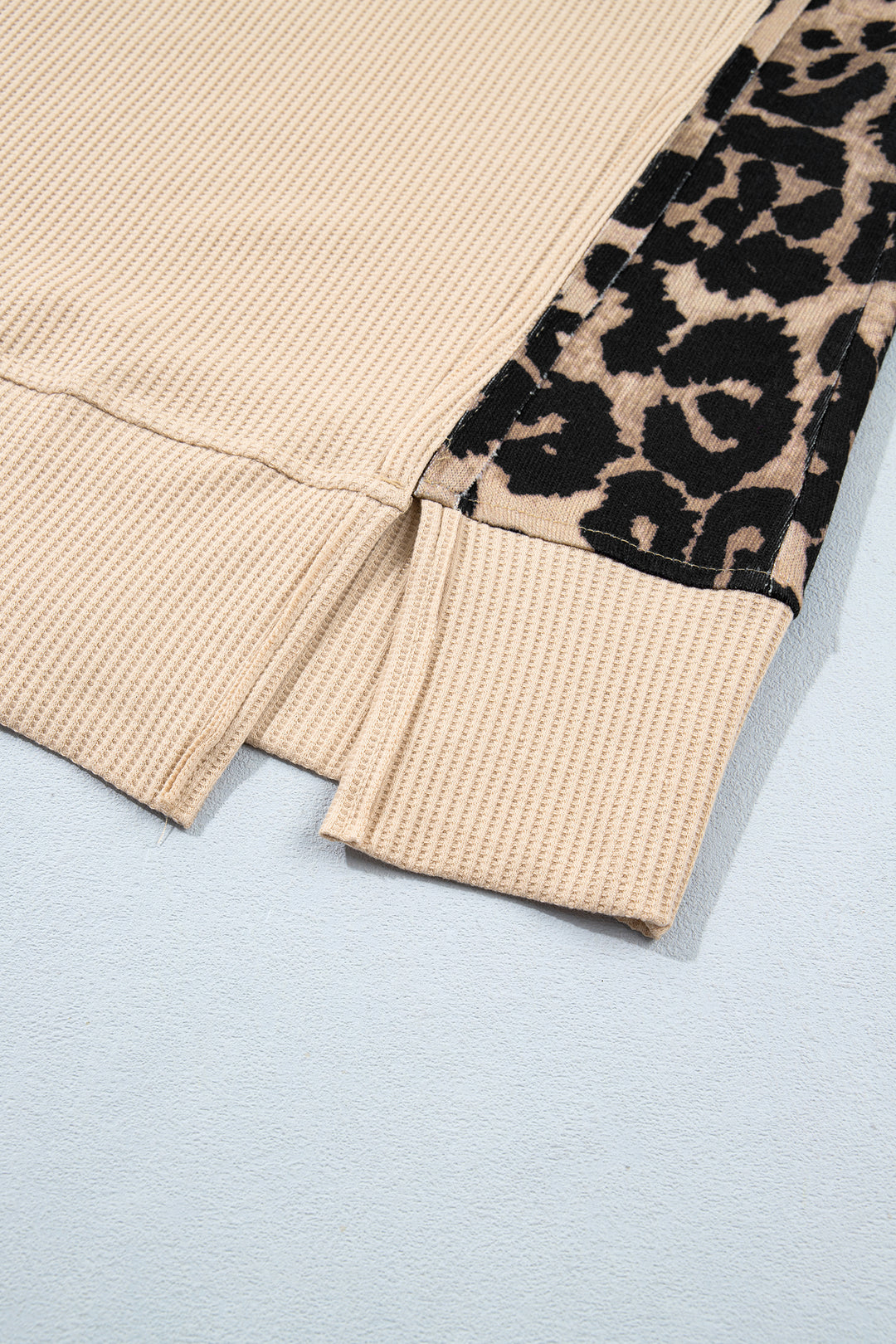 Gray Morn Leopard Sleeve Waffle Knit Split Hem Top
