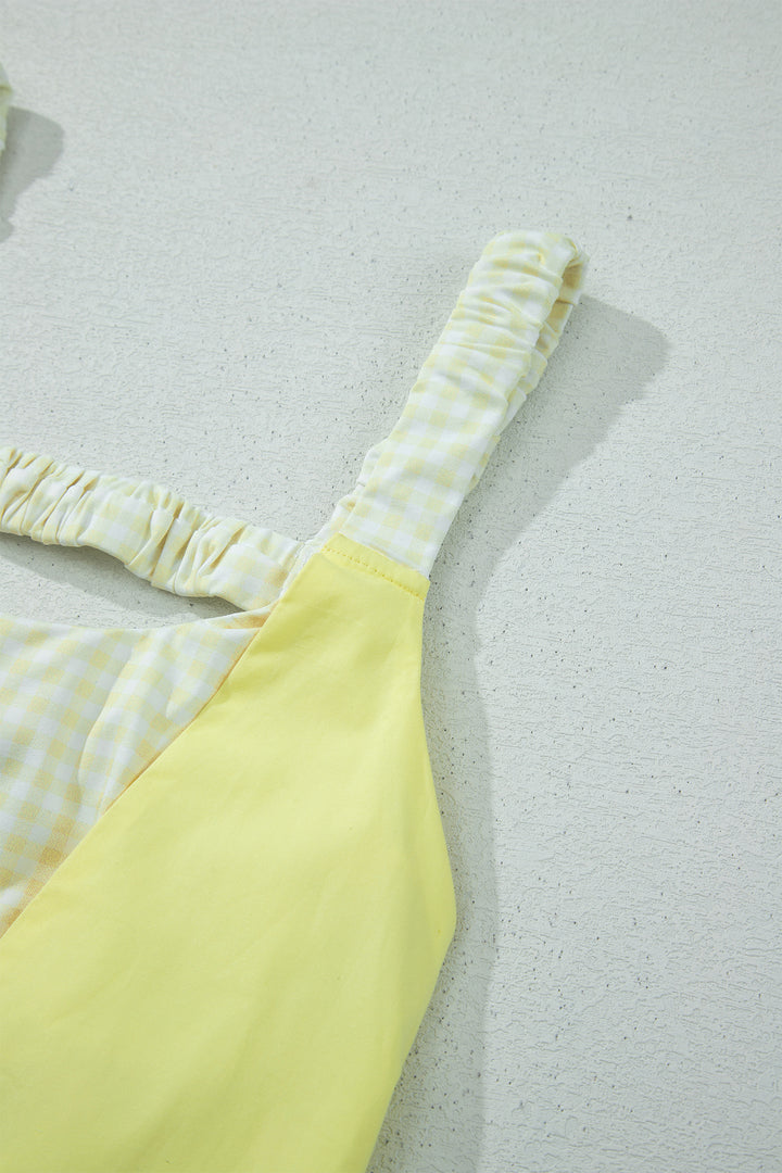 Yellow Cream Faux Two Piece Gingham Contrast Patchwork Loose Mini Dress