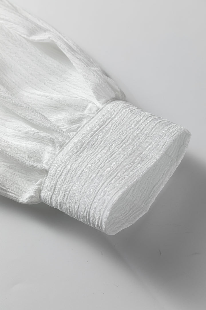 White Crinkled Texture Lantern Sleeve Button Down Loose Shirt