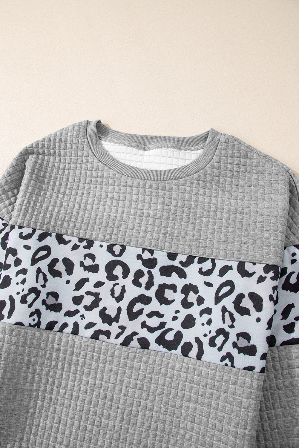 Gray Leopard Quilted Patchwork Crew Neck Sweatshirt