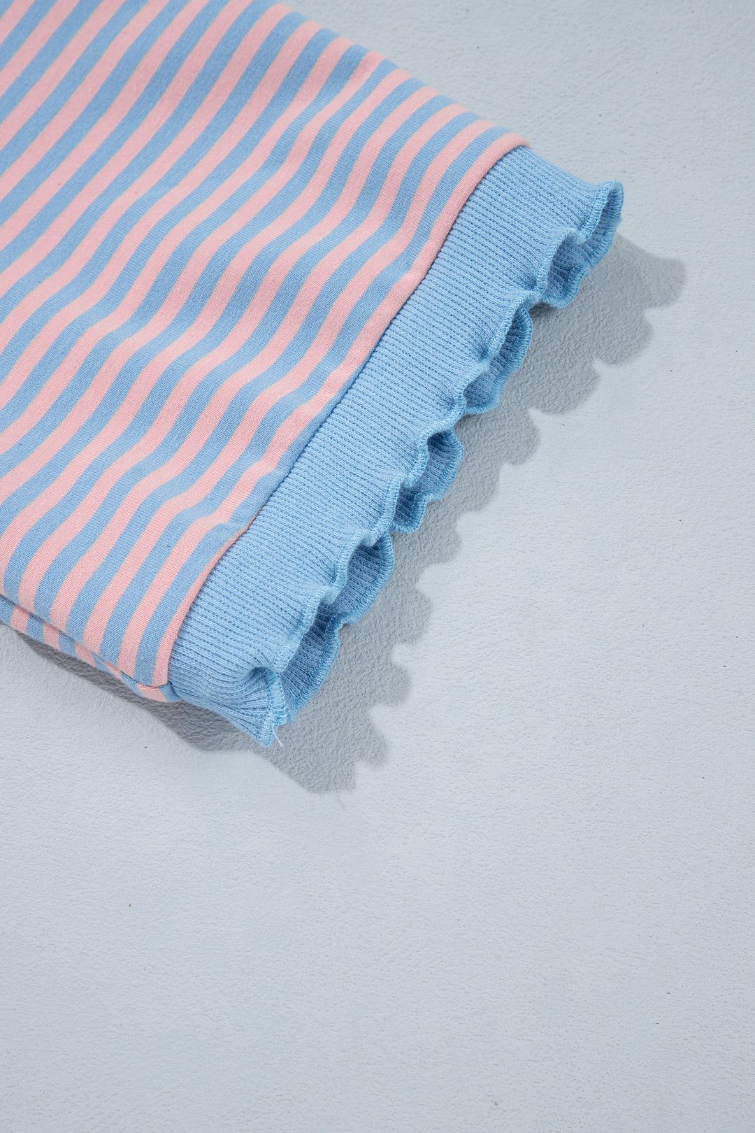 Sky Blue Stripe Colorblock Scalloped Trim Loose 3/4 Sleeve Top