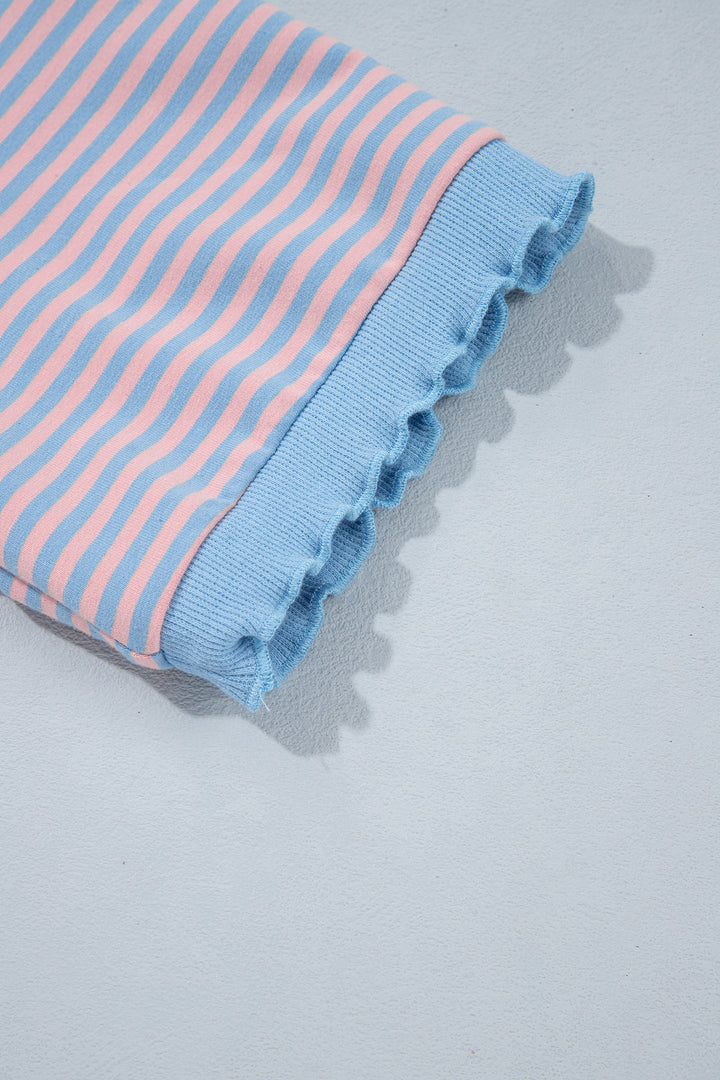 Sky Blue Stripe Colorblock Scalloped Trim Loose 3/4 Sleeve Top