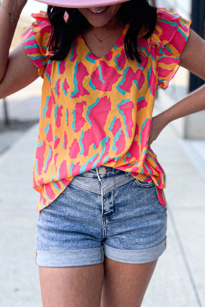 Orange Abstract Print V Neck Ruffled Sleeve Blouse