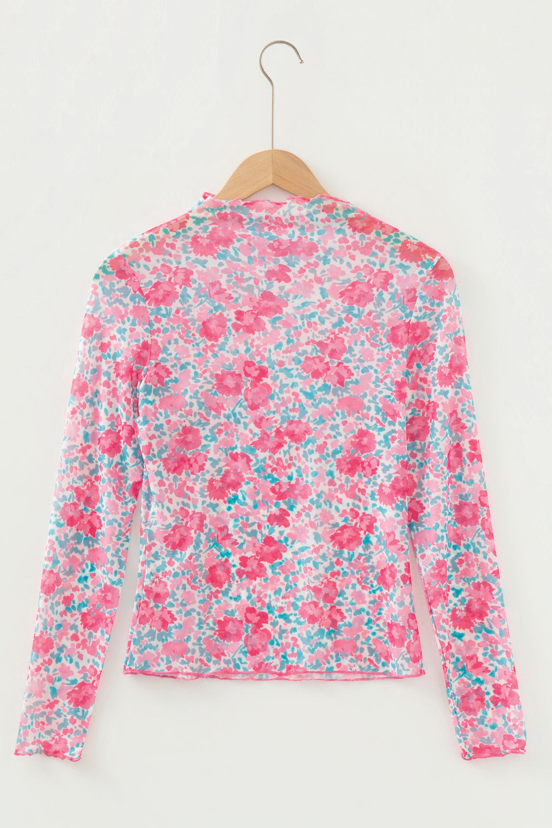 Pink Slim Fit Floral Mesh Long Sleeve Mock Neck Top