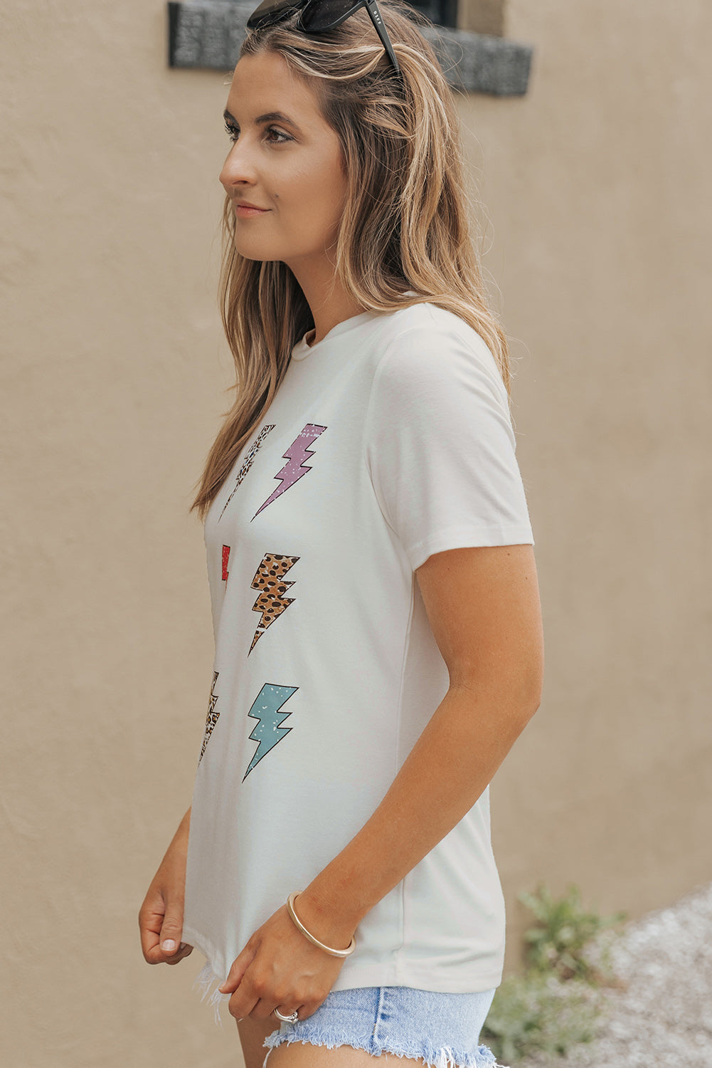 White Printed Lightning Round Neck Short Sleeve Top