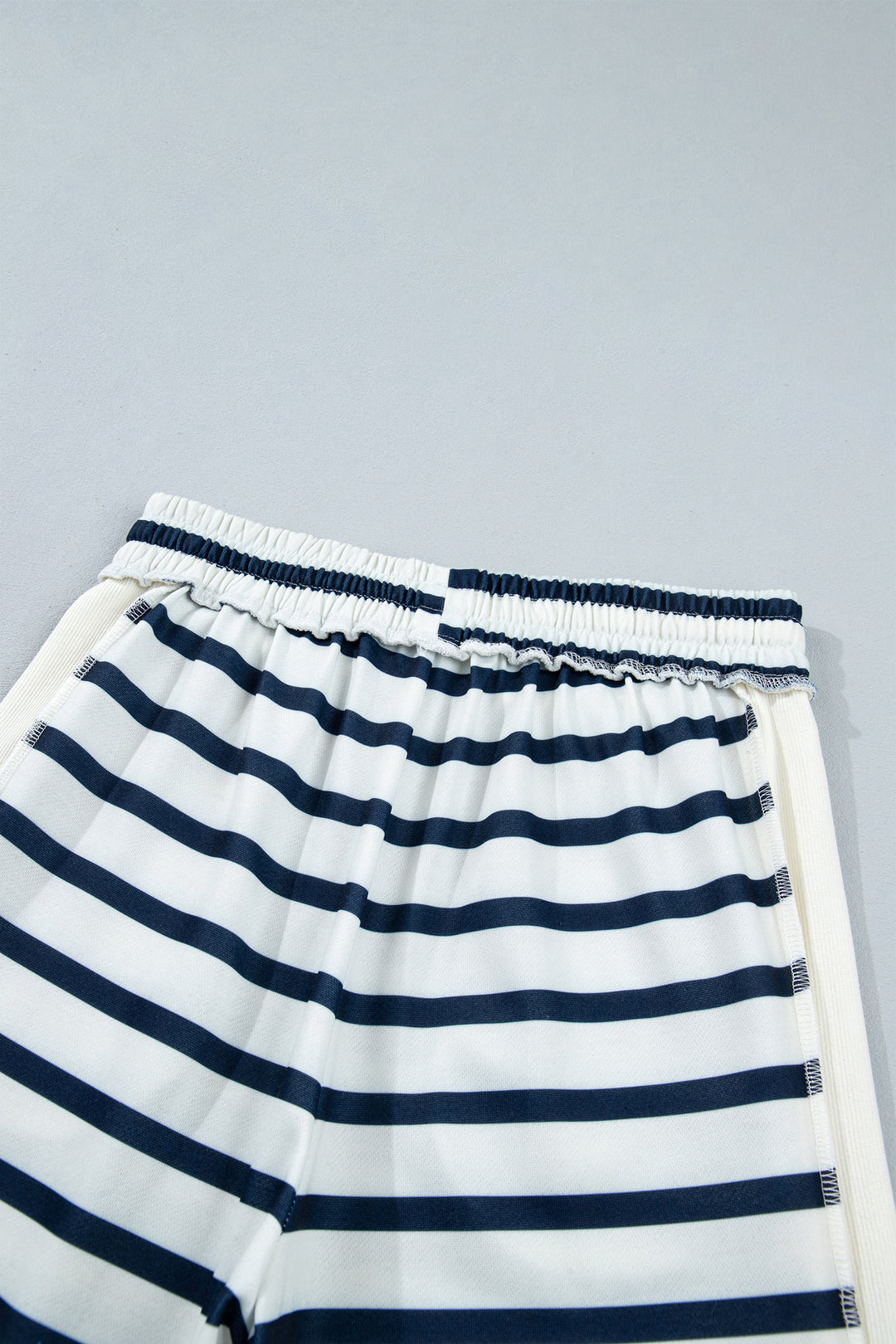 Blue Stripe Striped Ribbed Cuff Collar Pocket Loose Pant Set
