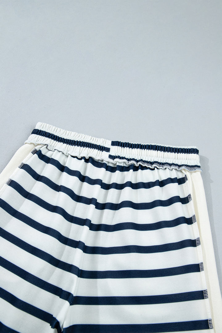 Blue Stripe Striped Ribbed Cuff Collar Pocket Loose Pant Set