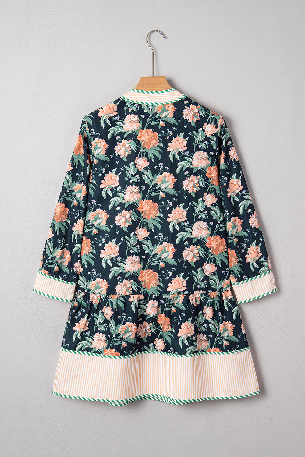 Blue Floral Print Striped Trim V Neck Long Sleeve Ruffle Hem Shift Mini Dress