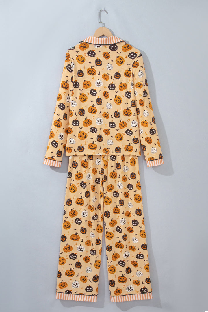 Orange Halloween Pumpkin Print Two Piece Long Sleeve Lounge Set